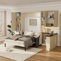Merax Queen Size Wood Murphy Bed with Upholstered Sofa & Desk, Multifunctional Foldable Wall Platform Bed w/USB Charging Station for Guest-Room, Bedroom, Space Saving, Beige + Green