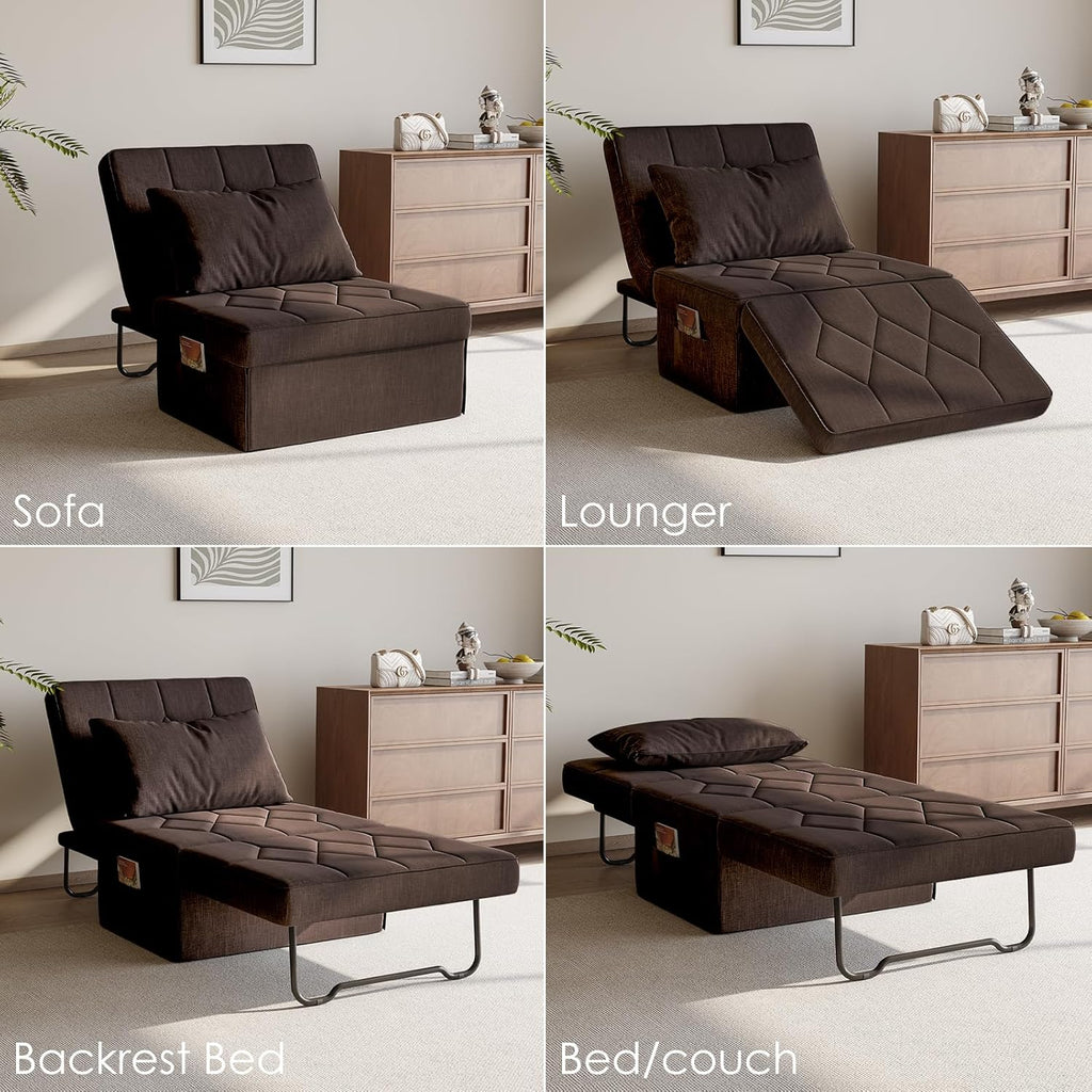 Ottoman Bed with 5-Level Adjustable Backrest, 74' D x 37' W 4-in-1 Convertible Sleeper Chair Bed, Folding Sofa Bed for Living Room, Apartment, Dorm & Small Space, Dark Brown