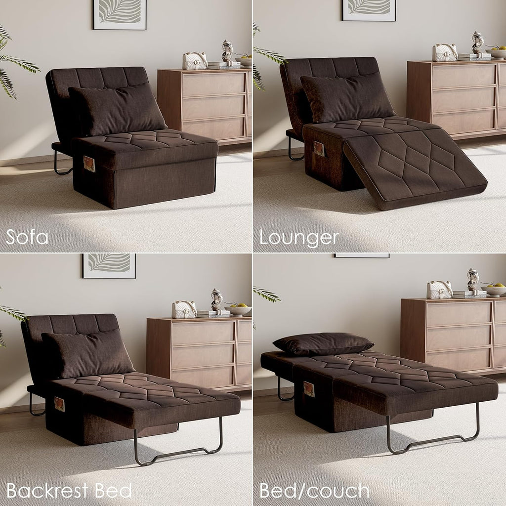 Ottoman Bed with 5-Level Adjustable Backrest, 74' D x 28' W 4-in-1 Convertible Sleeper Chair Bed, Folding Sofa Bed for Living Room, Apartment, Dorm & Small Space, Dark Brown