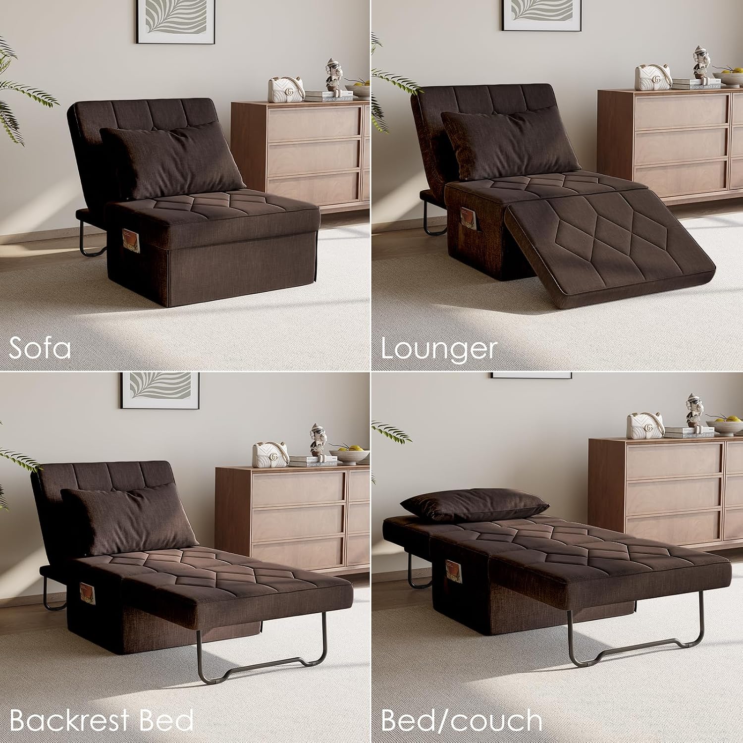 Ottoman Bed with 5-Level Adjustable Backrest, 74' D x 28' W 4-in-1 Convertible Sleeper Chair Bed, Folding Sofa Bed for Living Room, Apartment, Dorm & Small Space, Dark Brown