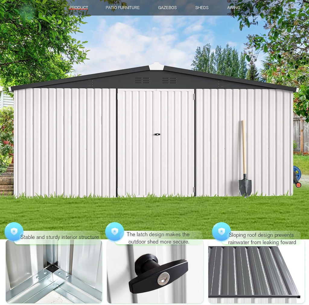 U-MAX Storage Shed 14x12 Outdoor Shed, Large Metal Outside Storage Garden Sheds & Outdoor Storage Shed Clearance, 12x14 Tool Shed Outdoor Storage Lockable for Backyard, Patio and Outside Use in White