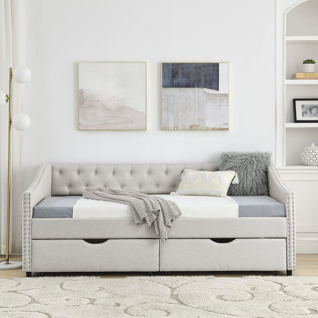 KEIKI Twin Size Upholstery Daybed with 2 Drawers and Headboard, Mid-Century Style Tufted Sofa Bed with Button on Back, Easy Assembly, No Box Spring Required, for Living Room and Bedroom, Beige