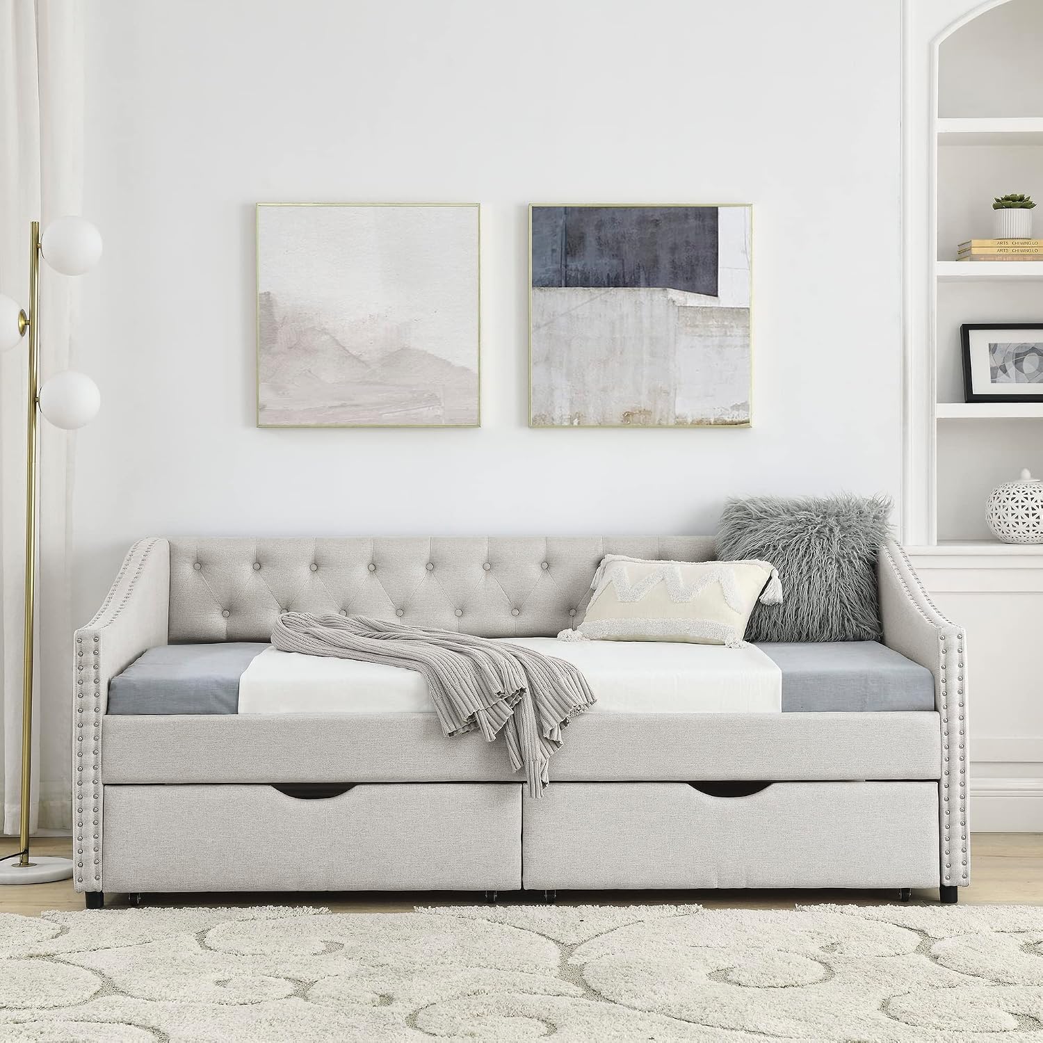 KEIKI Twin Size Upholstery Daybed with 2 Drawers and Headboard, Mid-Century Style Tufted Sofa Bed with Button on Back, Easy Assembly, No Box Spring Required, for Living Room and Bedroom, Beige