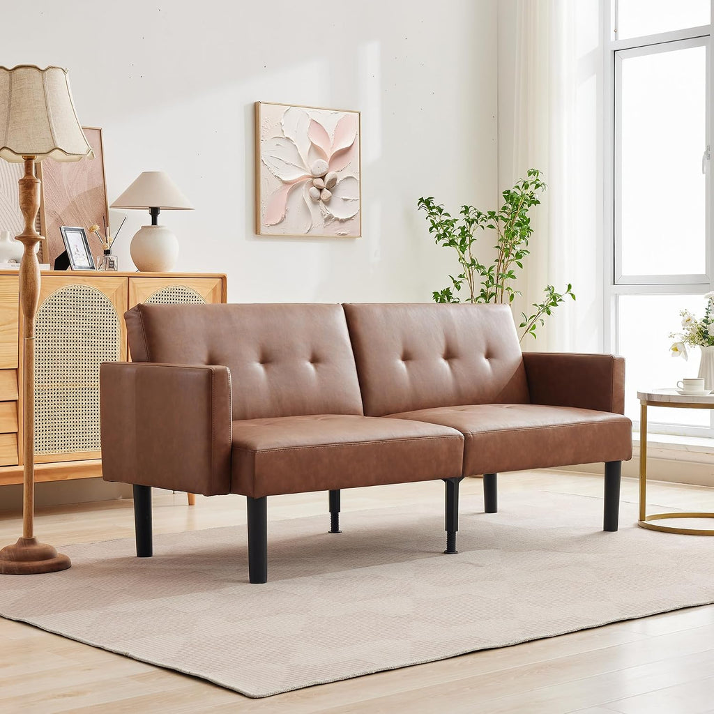 Garvee 75.5' Convertible Futon Sofa Bed, PU Leather Upholstered Futon Couch with Strong Legs, Mid Century Modern Sleeper Sofa, Comfy Loveseat for Living Room, Bedroom, Dorm, Brown