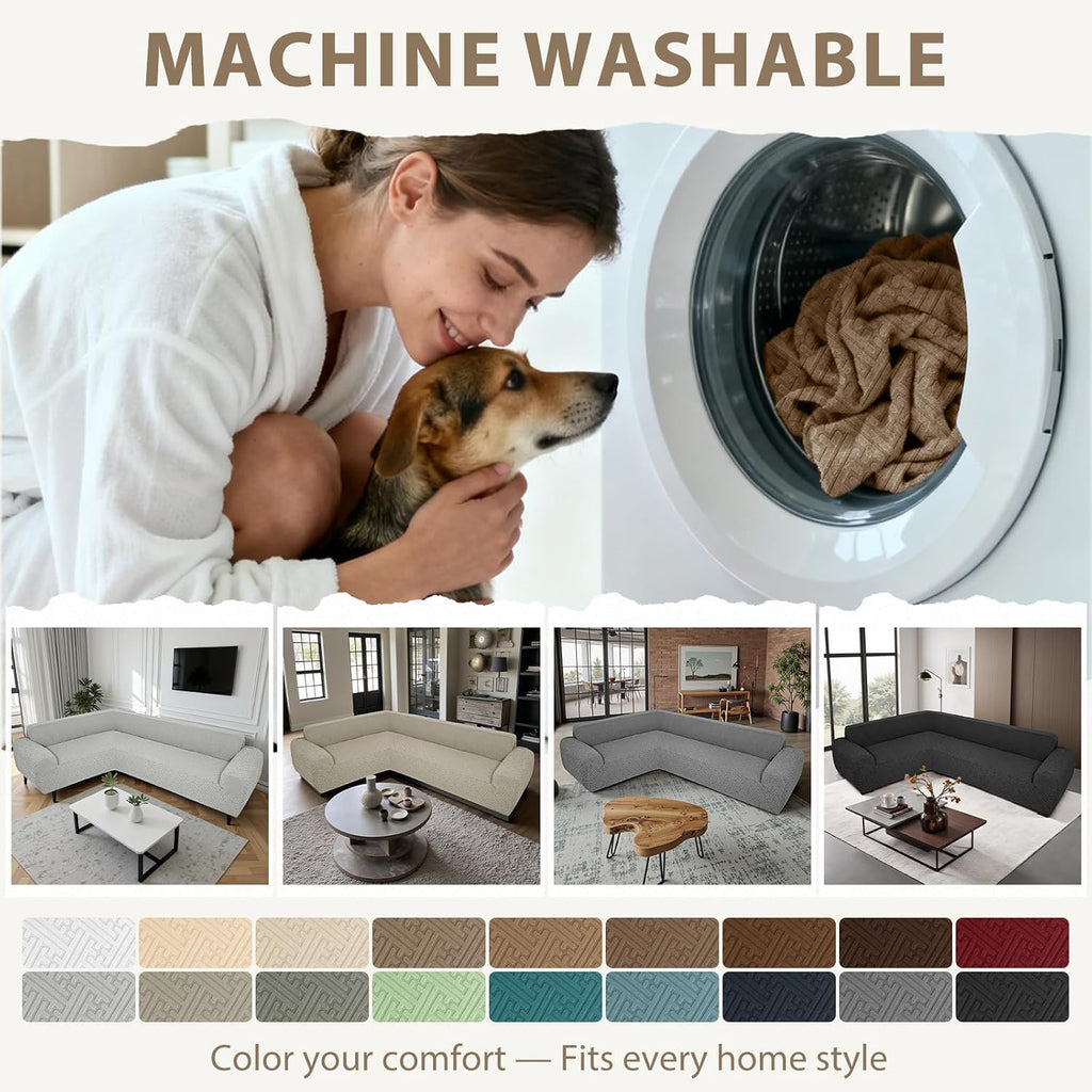 Sectional Couch Covers L Shape Sofa Cover 1-Piece Stretch Corner Couch Covers Non Slip Washable Sofa Slipcovers Soft Fleece Furniture Protector for Dogs Pet (Medium, Khaki)