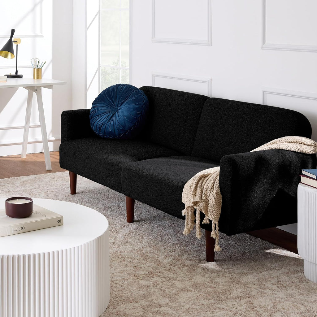 Best Choice Products 77' Mid Century Modern Boucle Loveseat Sofa, Couch, Convertible Sofa Sleeper Bed w/Real Wood, Removable Armrest - Midnight Black