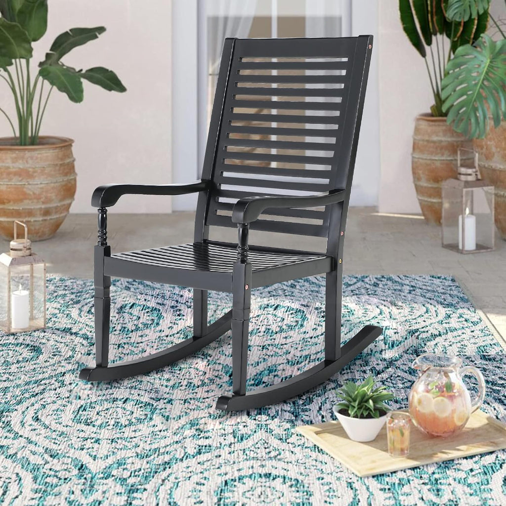 PHI VILLA Outdoor Rocking Chairs, Acacia Wood Rocker Chairs for Patio, Deck, Balcony, Porch or Indoor Use, 30° Safe Recline Support 350lbs - Black