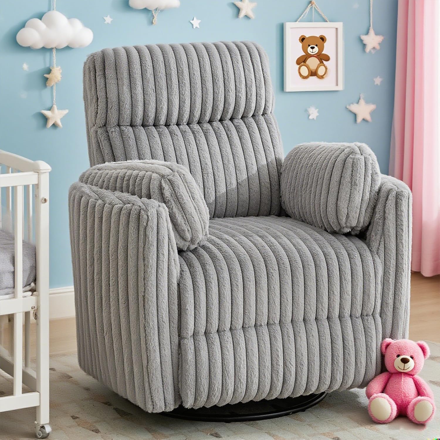 Power Nursery Rocking Chair Swivel Glider Reclining Chairs with 2 Pillows, Nursery Glider Rocking Recliner with Type-C & USB Charger Port, Corduroy Upholstery Armchair for Living Room/ Light Grey
