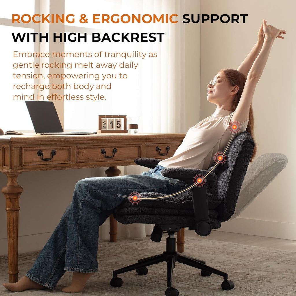 Dowinx Criss Cross Chair with Adjustable Flip-up Arms and Wheels, Comfort Ergonomic Office Desk Armchair with 3 Layer Cushions, Wide Seat Vanity Chair for Home Office, Living Room, Bedroom, Black