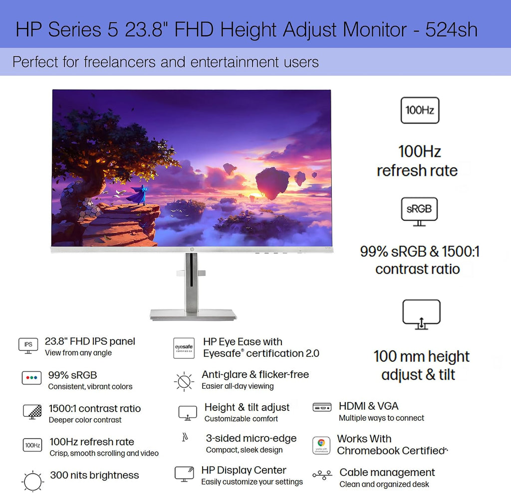 HP Series 5 524SH 23.8' Full HD (1920×1080) Monitor | IPS Display, 100Hz, Slim Bezel, Eye Comfort Tech, Height Adjustable Stand & HDMI Connection, Replaces M24H (94C19AA#ABA) + Screen Protector + More