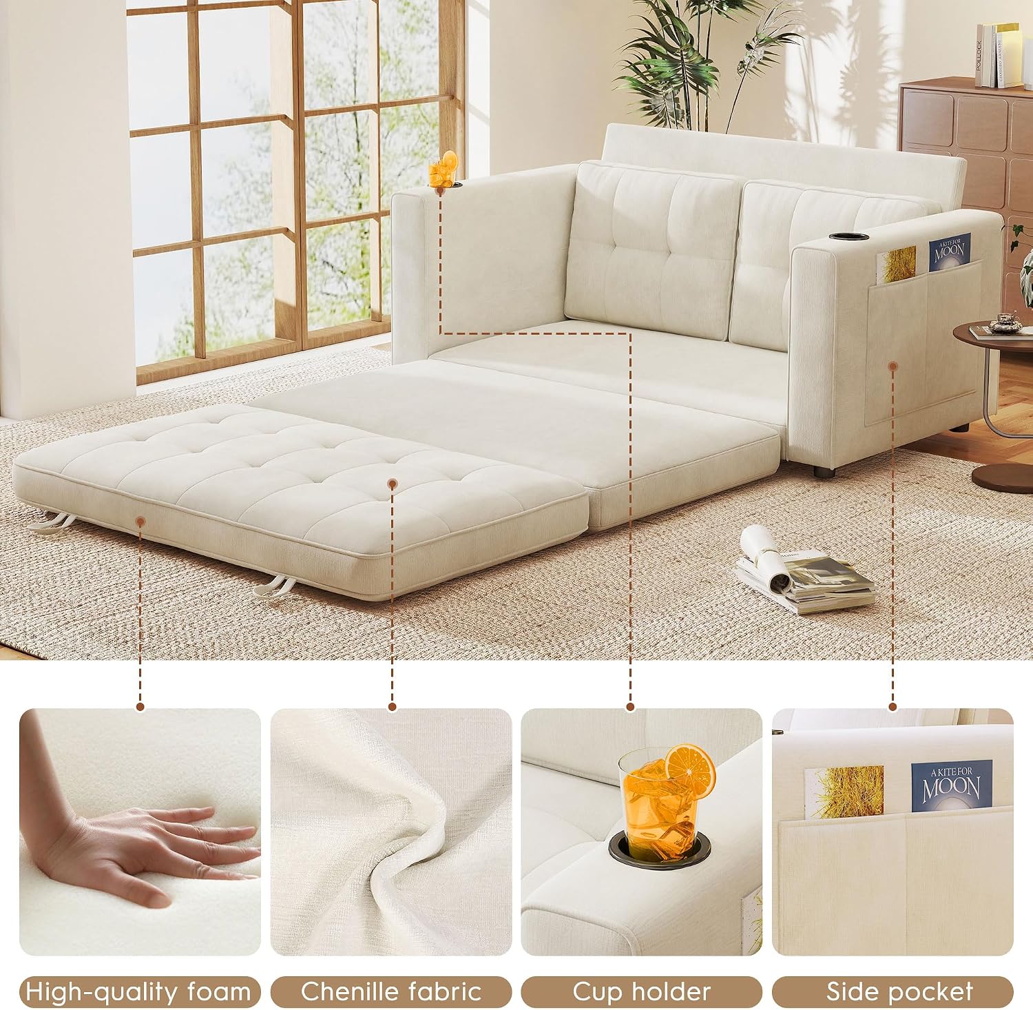 55' Convertible Folding Sofa Bed, Pull Out Couch Love Seat Sleeper Bed, Small Fold Out Loveseat sleeper with Cup Holder and Pillow for Small Space, Bedroom Lounge, Dorm, Living Room(Beige Chenille)