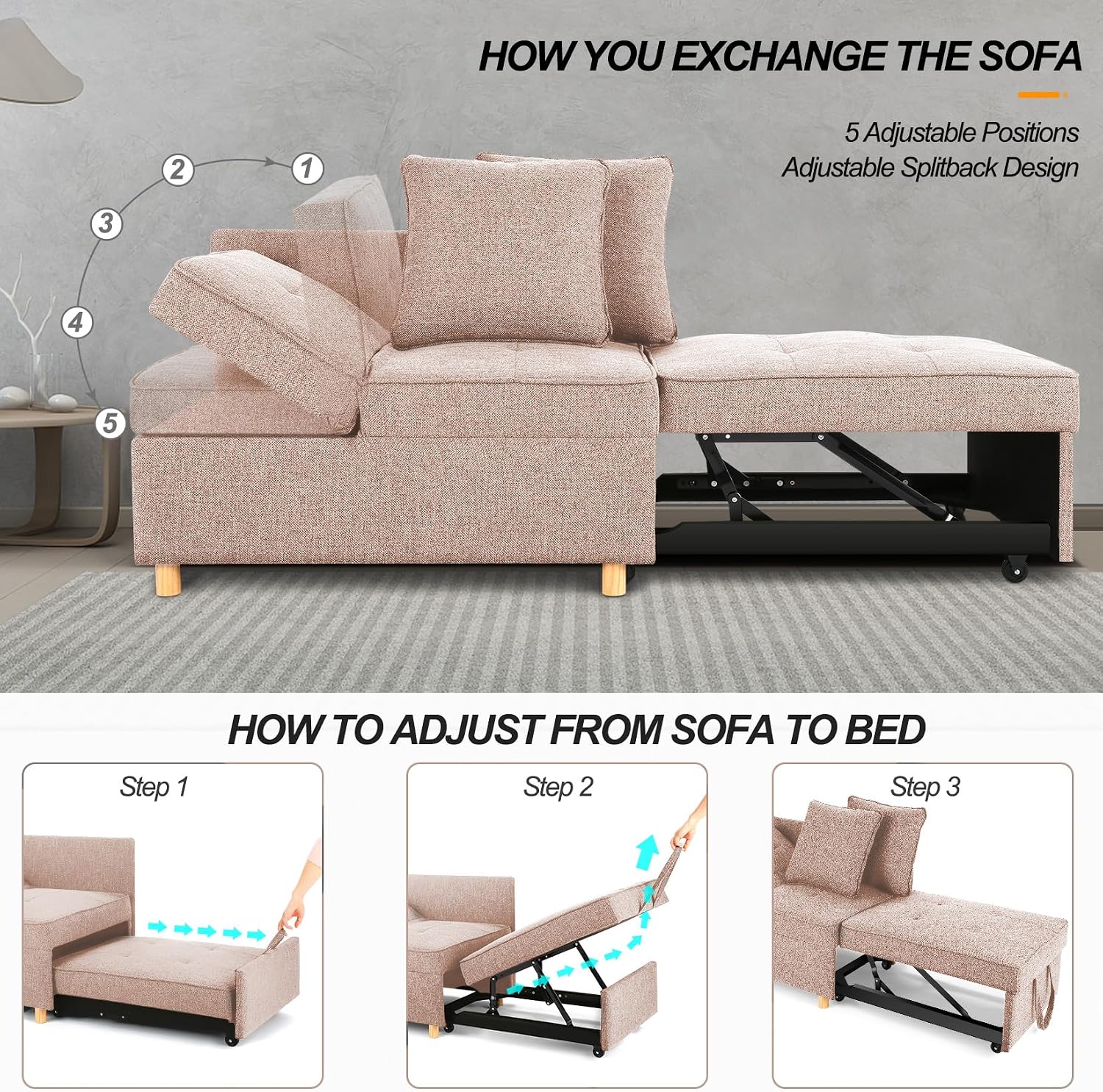SEJOV 71' Convertible Couch Bed, Brown Wood Loveseat Sofa, Adjustable Couch Sleeper with Pull Out Bed, Modern Linen Fabric Space-Saving Sofas for Living Room, Apartment and Office,Light Brown