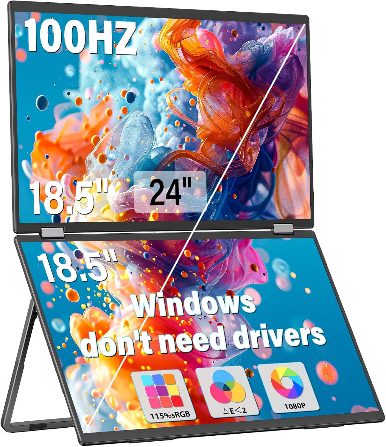 InnoView 18.5' 100Hz Dual Portable Monitor Built-in Speakers 115% sRGB 315°Adjustable Dual Stacked Folding Monitor (Wins/Mac) 1080P Laptop Screen Extender for Laptop(No Driver Needed)