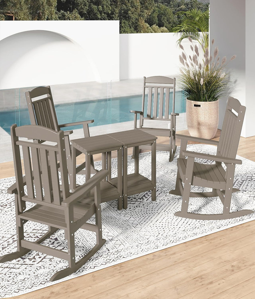 FOOWIN 3-Piece Outdoor Rocking Chairs Set, High Back Patio Rocker with Side Table, HDPE All Weather Resistant Oversized Rocking Chairs for Indoors, Porch, Patio, Backyard, Brown