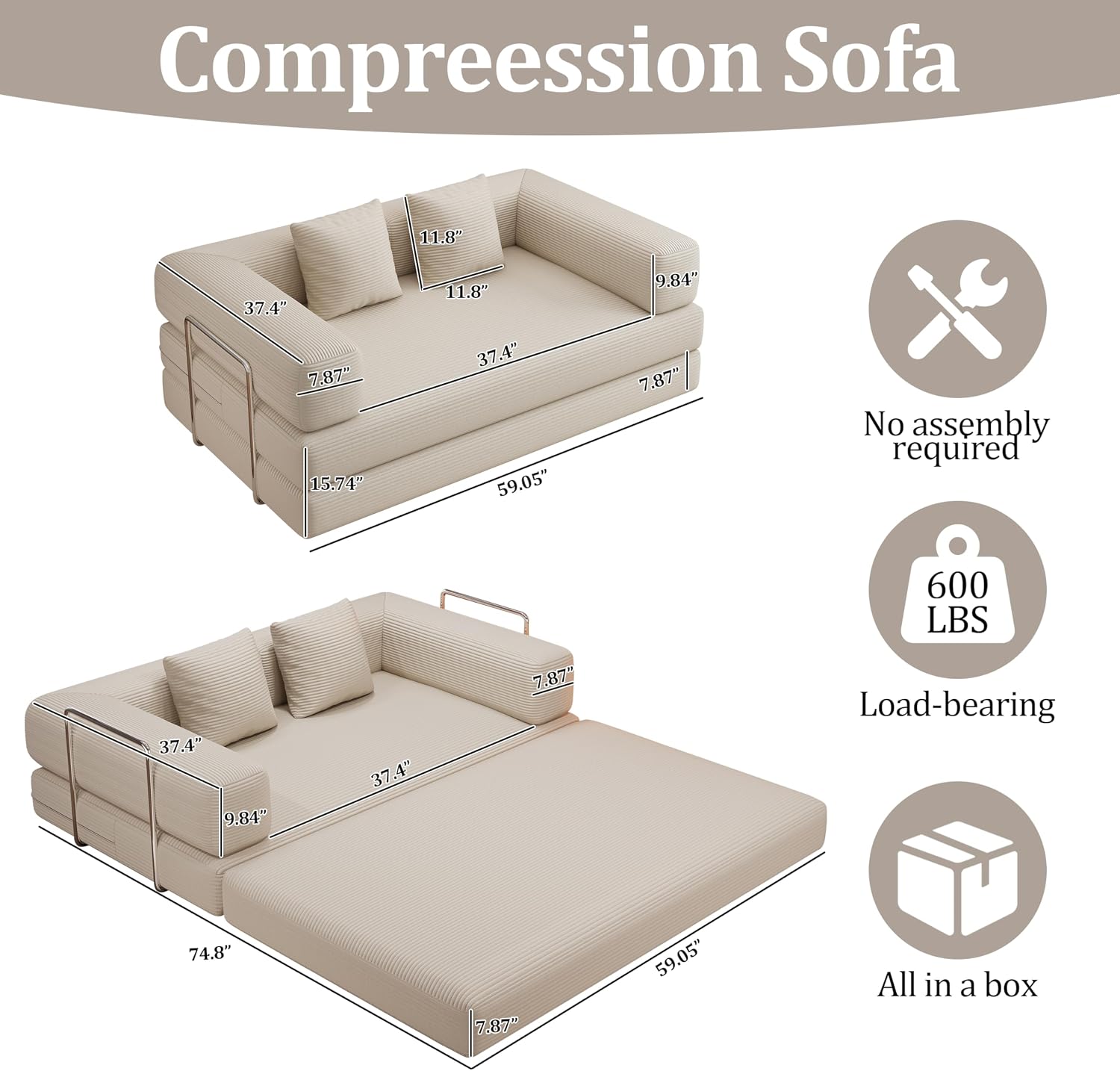 4-in-1 Foldable Sofa Bed Teddy Fabric Foam-Filled Compressed Couch, Beds Queen Size Convertible Sofa Couch Loveseat , Boneless Folding Sleeper for Living Room, Guest Bed, Playroom (Beige, 59' 2 Seat)