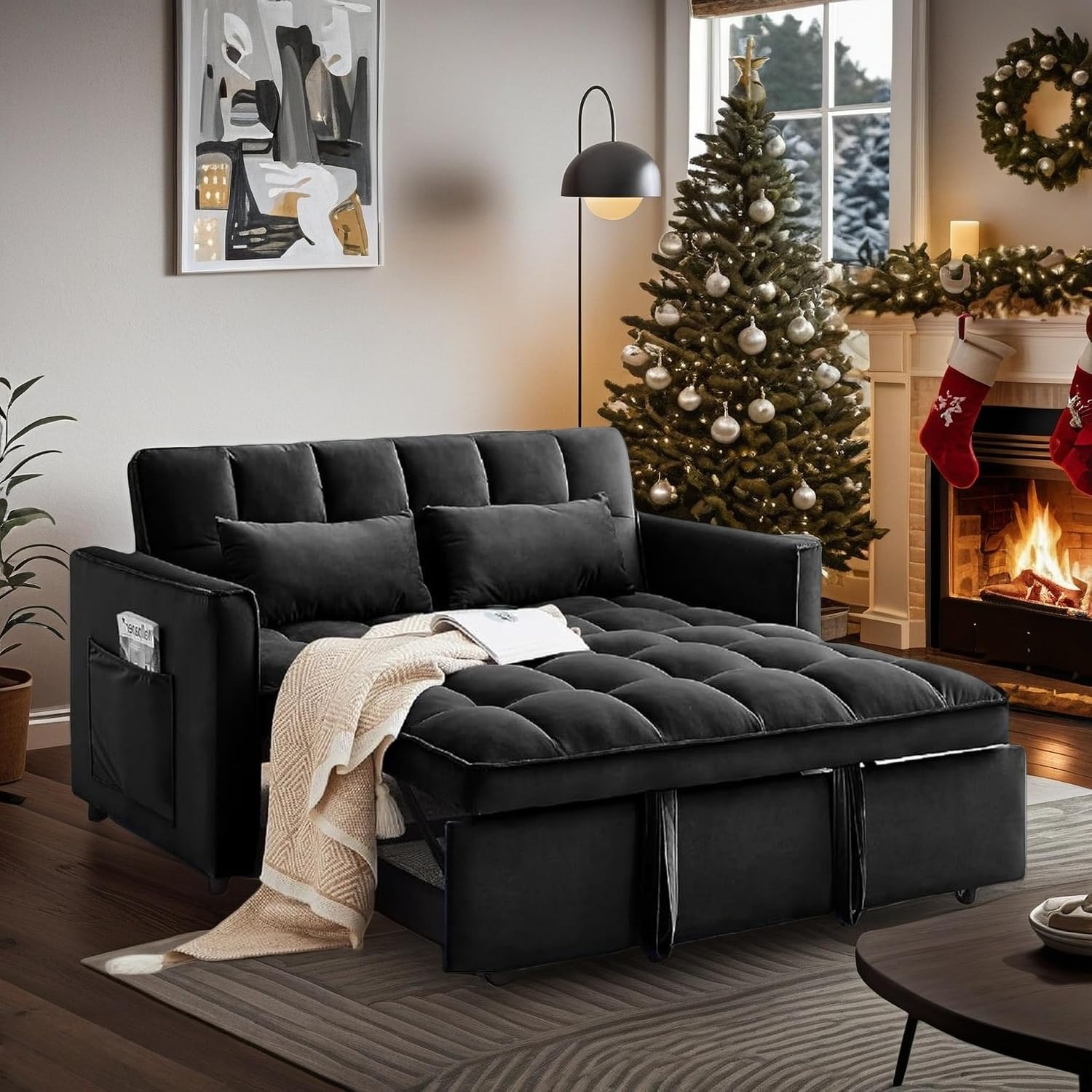Convertible Sofa Bed, Pull Out Sofa Bed with Adjustable Backrest, 3 in 1 Velvet Fabric Loveseat Sleeper Sofa Bed Couch with Side Pockets for Living Room, Bedroom, Apartment, Black