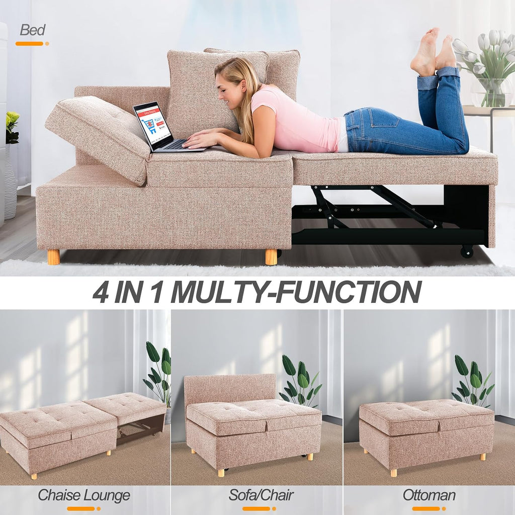 SEJOV 71' Convertible Couch Bed, Brown Wood Loveseat Sofa, Adjustable Couch Sleeper with Pull Out Bed, Modern Linen Fabric Space-Saving Sofas for Living Room, Apartment and Office,Light Brown