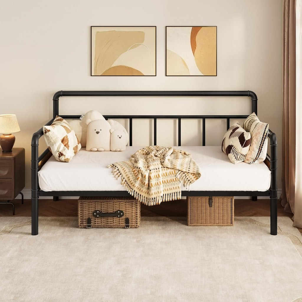 IDEALHOUSE Twin Daybed with Classic Headboard,Metal Twin Bed Frame Heavy Duty Steel Slats Support,Sofa BedFrame for Living Room, Guest RoomNoise Free, No Box Spring Needed, Black