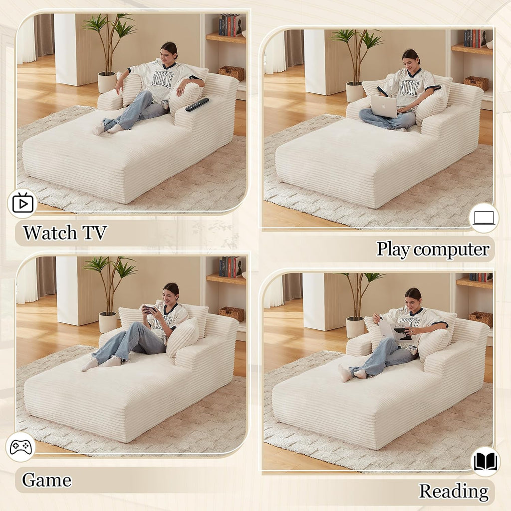 80 Inch Chaise Lounge Chair Indoor, Oversized Corduroy Upholstered Boneless Sofa Bed, Deep Seat Sleeper Couch Reading Chairs, Cloud Sofas Couches for Living Room, No Assembly Required (Beige)