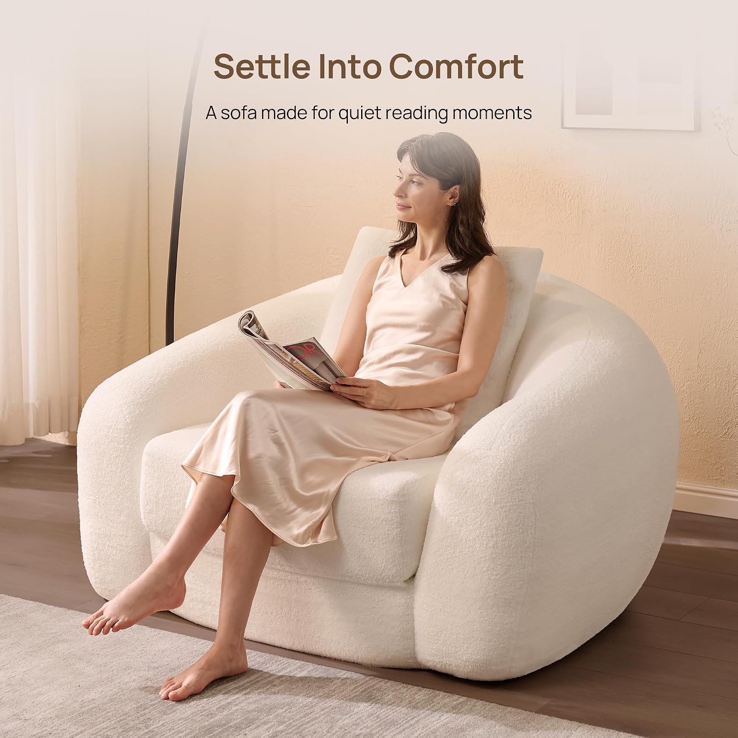 SICOTAS 49.9' Curved Convertible Sofa Couch Bed for Living Room Futon Cloud Boneless Sleeper Chair Pull Out Floor Couch with Deep Seat Single Sofa Foam Lounger No Assembly for Bedroom Apartment, White