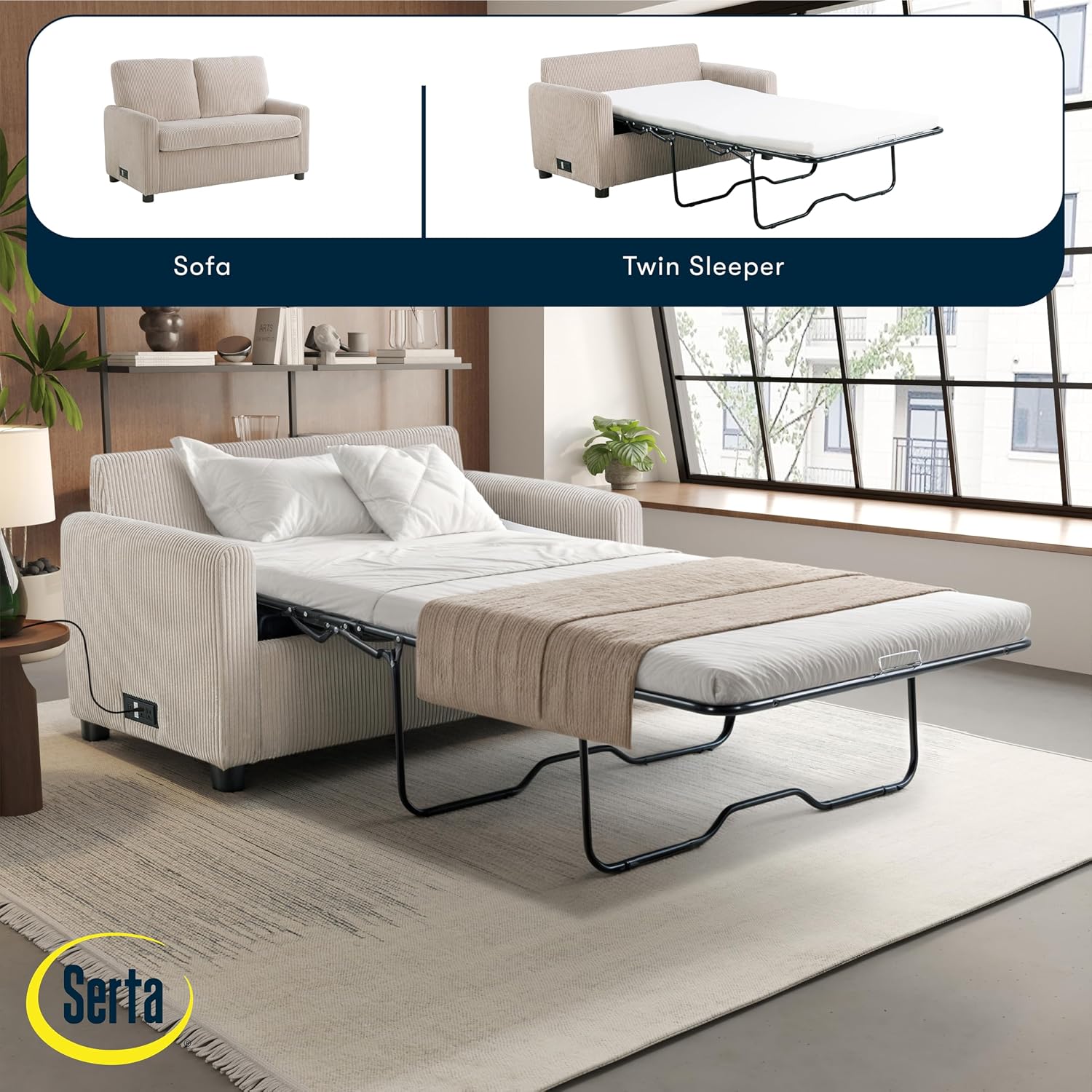 Serta® Darnold 53.5' Pull-Out Sleeper Loveseat, Twin Size, Dreamcoil® Comfort, Memory Foam Pull-Out Mattress, USB-C and USB-A Power Ports, Soft Corduroy Fabric, Beige