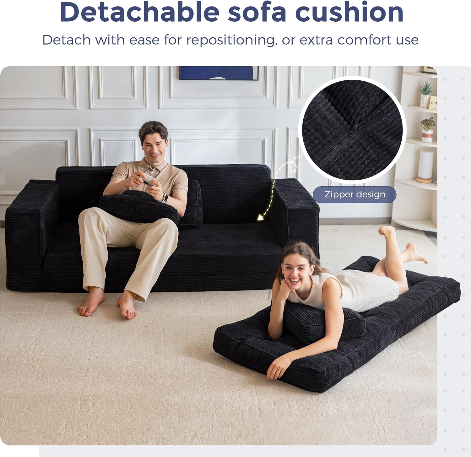 MAXYOYO Convertible Sofa Bed, Pull Out Oversized Loveseat Sleeper Sofa, 2 in 1 Folding Couch Bed, Fold Out Floor Couch with Pillows for Living Room Bedroom Lounge, Black