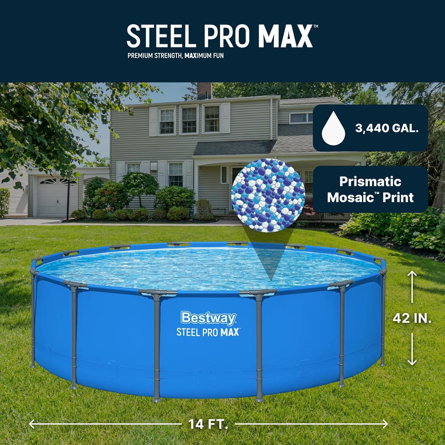 Bestway Steel Pro MAX 14' x 42' Above Ground Pool, Round Metal Frame Outdoor Swimming Pool for Backyard, Blue, Pool ONLY