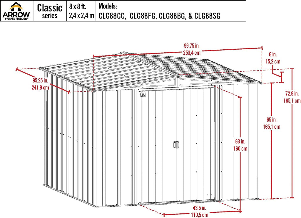 Arrow Classic Steel Storage Shed, 8x8, Charcoal