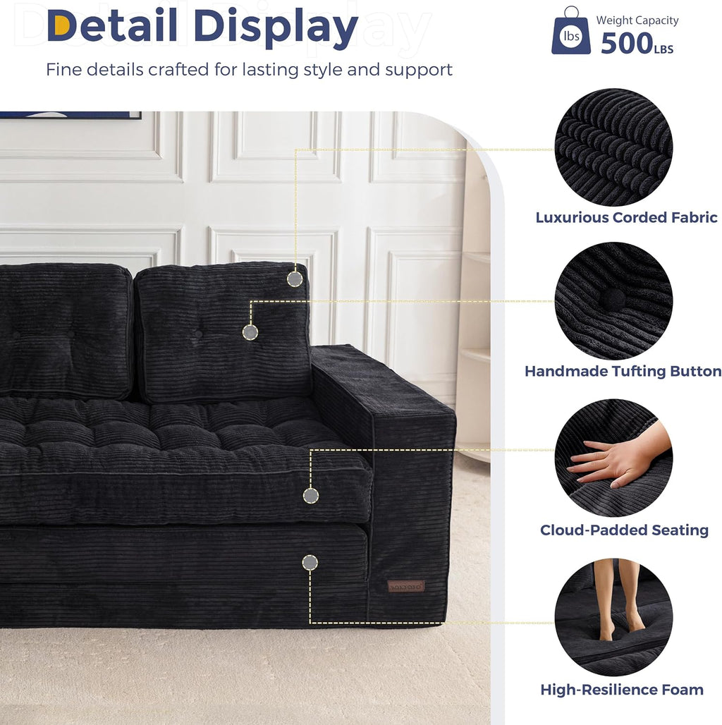 MAXYOYO Convertible Sofa Bed, Pull Out Oversized Loveseat Sleeper Sofa, 2 in 1 Folding Couch Bed, Fold Out Floor Couch with Pillows for Living Room Bedroom Lounge, Black
