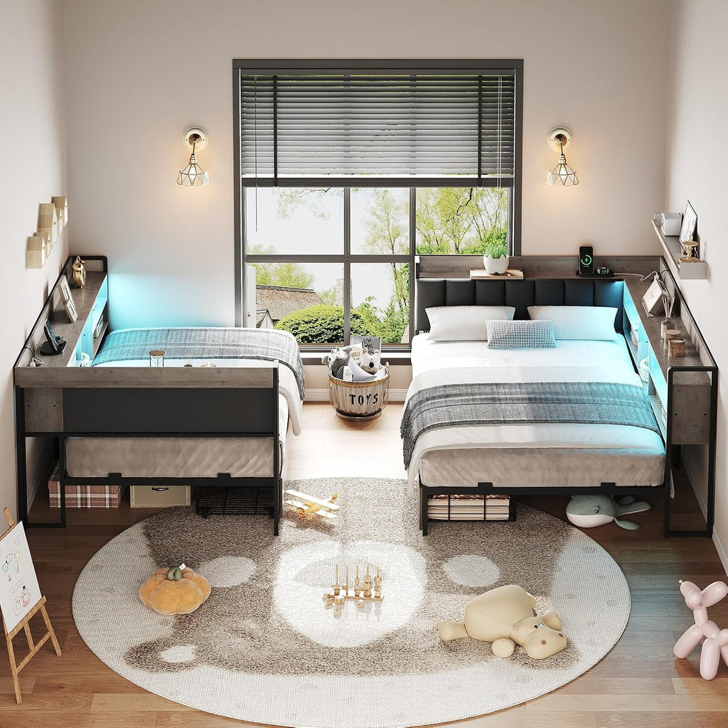 RALGEND Corner Bed Frame with Bookcase Storage and PU Upholstered, Twin Daybed with 2 Drawers and Charging Station, Metal Platform Bed Fram for Living Room, Bedroom, Guest Room, Gray and Black