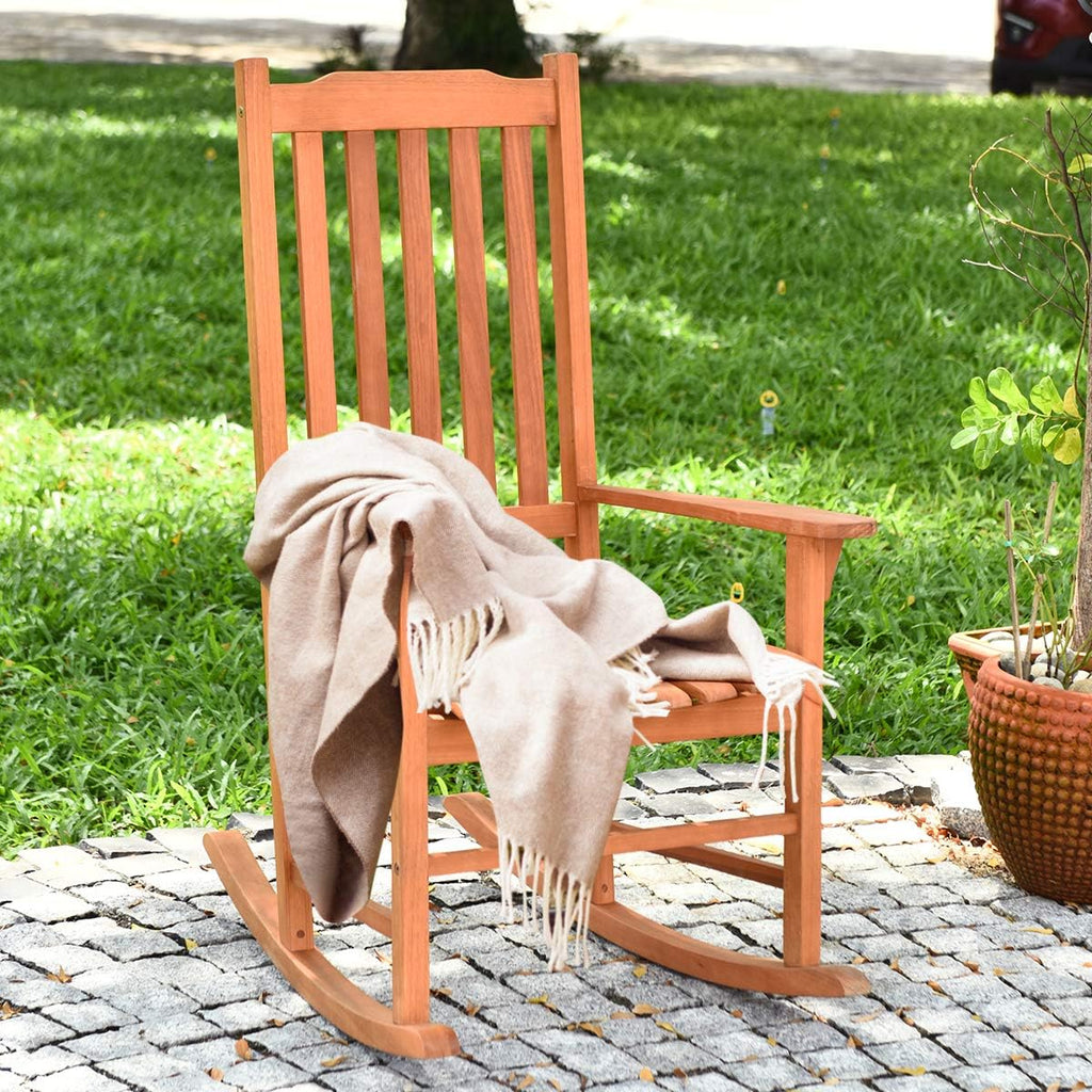 Giantex Porch Rocking Chair Outdoor and Indoor Use, Solid Eucalyptus Wood Rocker with Natural Finish, Front Porch Chairs for Patio Deck Garden, Wooden Rocking Adirondack Chair Set