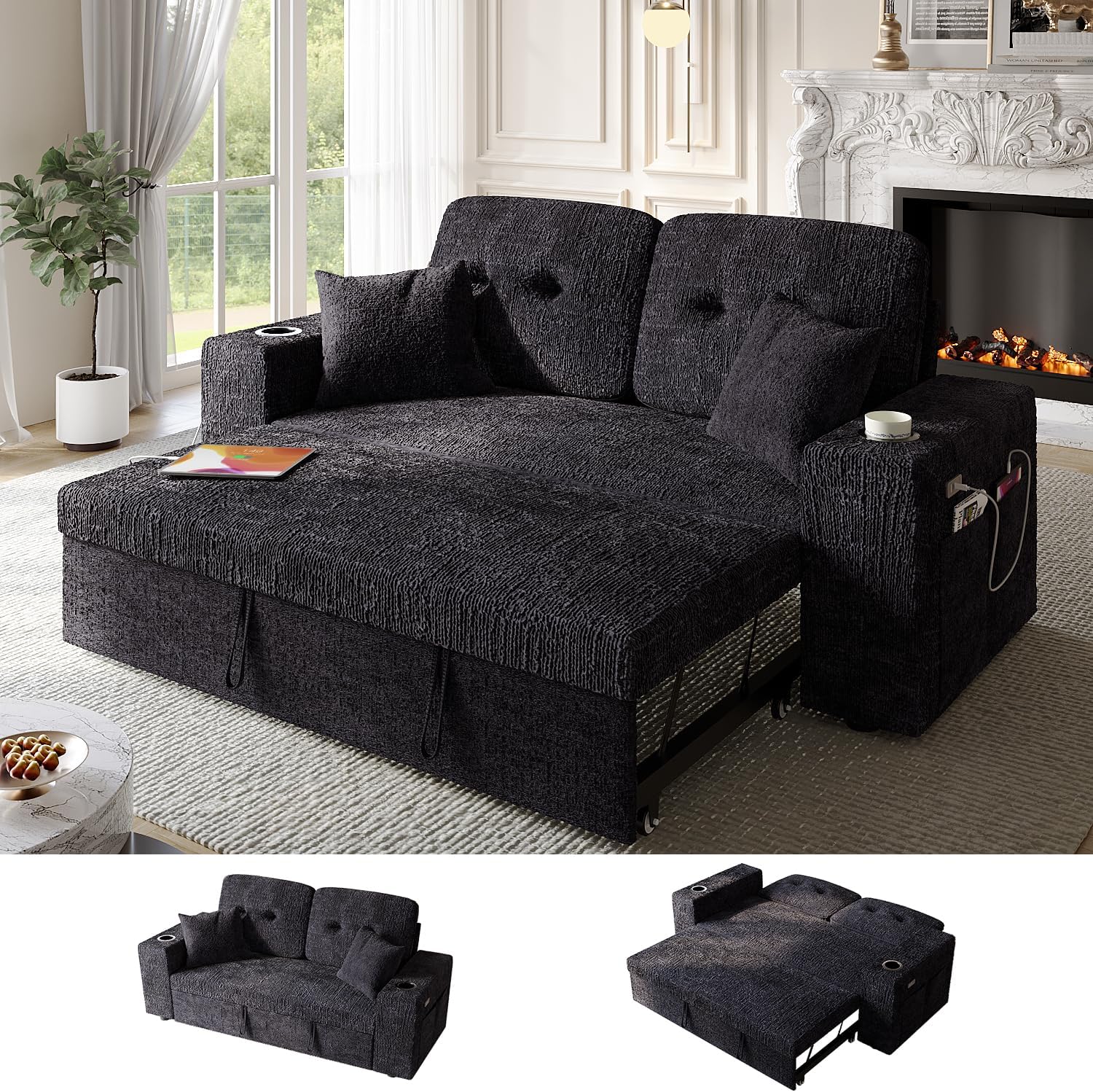 63 Inch Sleeper Sofa Bed, 4 in 1 Pull Out Couch Bed with Adjustable Backrest, Small Loveseat with Wide Armrest | USB Charging | Side Pockets | Cup Holders | Tool Free Assembly, Luxury Black