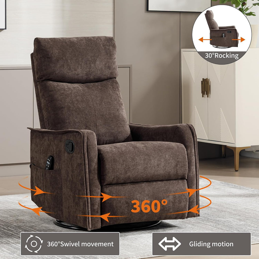 Massage Chair Recliner with Heat, 360° Swivel Glider Rocker with Reclining Backrest and Footrest, Manual Lazy Boy Recliners for Adults, Modern Nursery Rocking Chairs (Brown)