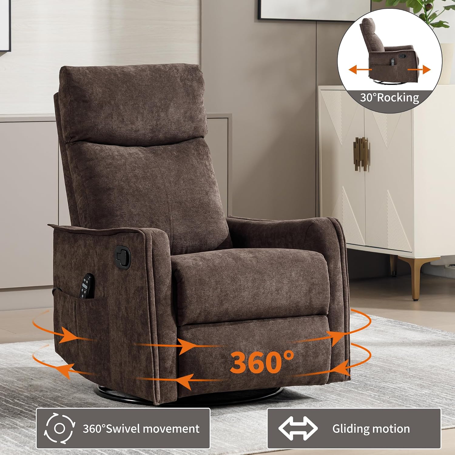Massage Chair Recliner with Heat, 360° Swivel Glider Rocker with Reclining Backrest and Footrest, Manual Lazy Boy Recliners for Adults, Modern Nursery Rocking Chairs (Brown)