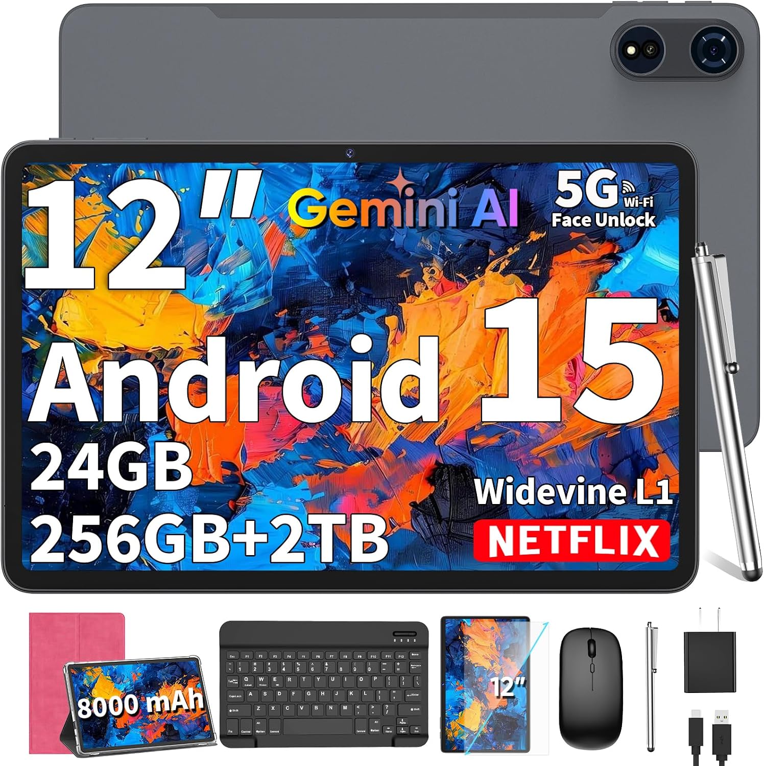 2025 12 Inch Tablet, Android 15 Tablets with Keyboard, 24GB+256GB+2TB Expand, 2K Display, Tablet PC with 5G WiFi, Octa-Core, 8000mAh, BT5.0, GMS, GPS, 2 in 1 Tablets with Case, Mouse, Stylus(Pink)