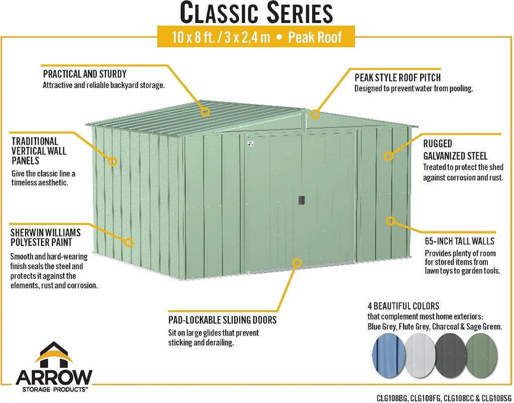 Arrow Classic Steel Storage Shed, 10x8, Charcoal