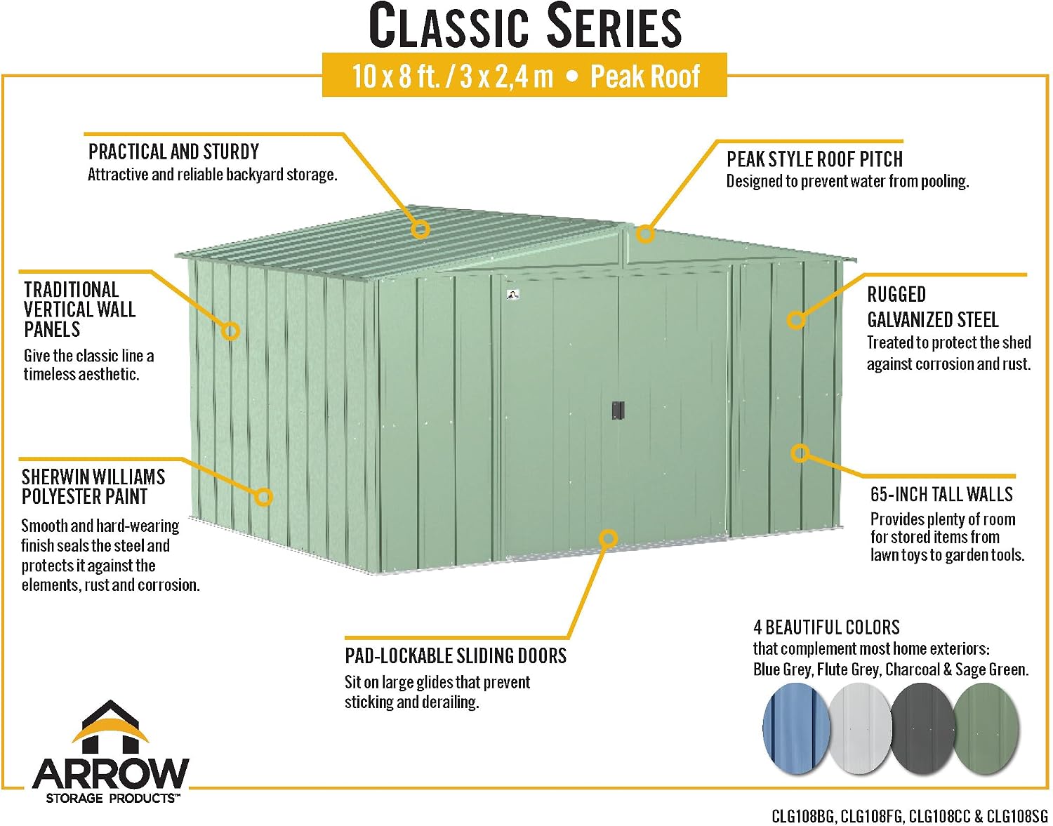 Arrow Classic Steel Storage Shed, 10x8, Charcoal