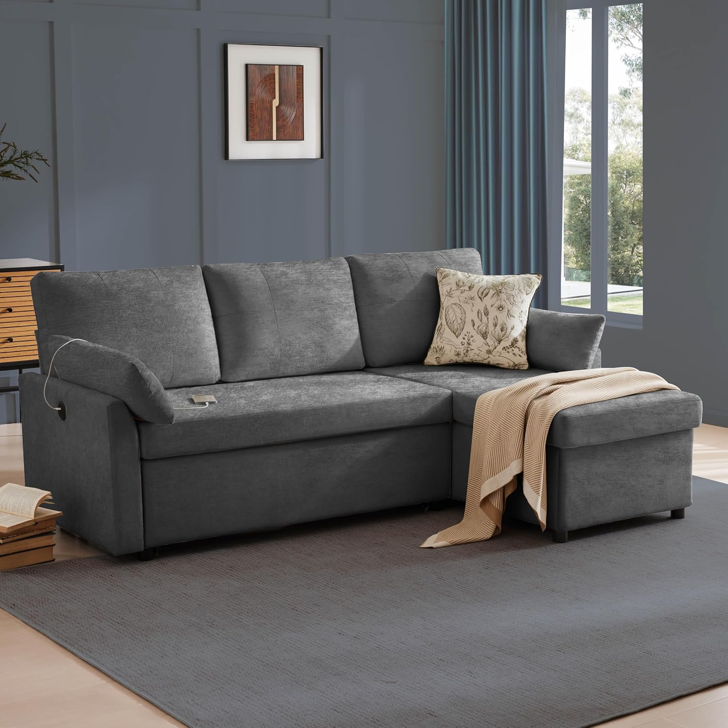 Waxberry 85' L Shaped Sectional Sofa Couch, Pull Out Couch Sleeper Sofa Bed for Living Room, Modular Chenille Deep Seat Sofa, Reversible Chaise, Storage, Side Pockets & USB/Type-C Ports, Dark Gray