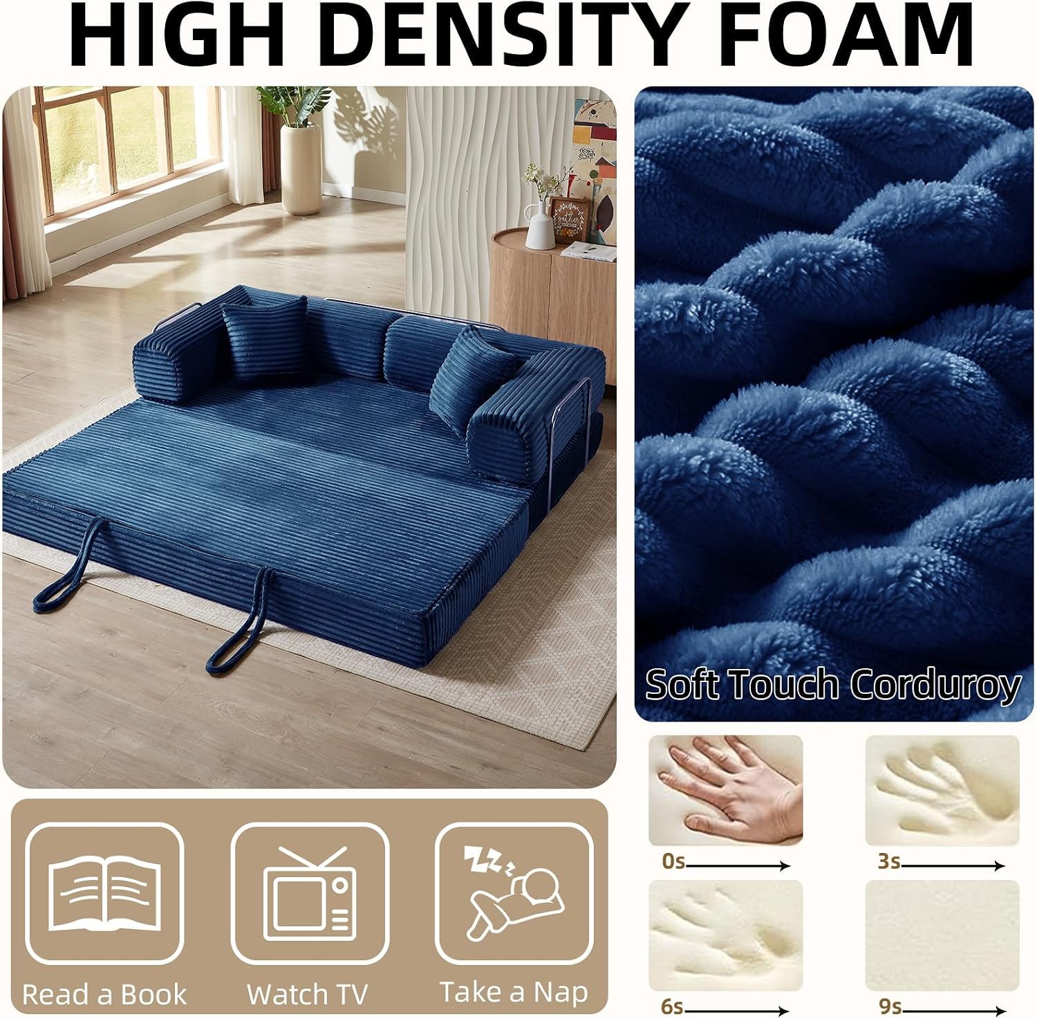 Convertible Folding Sofa Bed,Fold Out Floor Sofa Couch with Fixed-Shape Frame,Corduroy Foldable Mattress Cloud Couch for Living Room Bedroom (Blue, 81 Inch)