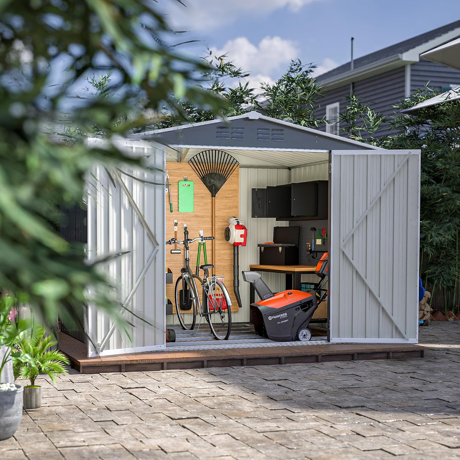 YOPTO 8 x 6 FT Outdoor Storage Shed with Floor Frame,Utility Metal Tool Storage with Lockable Doors,Air Vents & Waterproof Roof, Large Garden Shed for Backyard, Patio Lawn,Gray