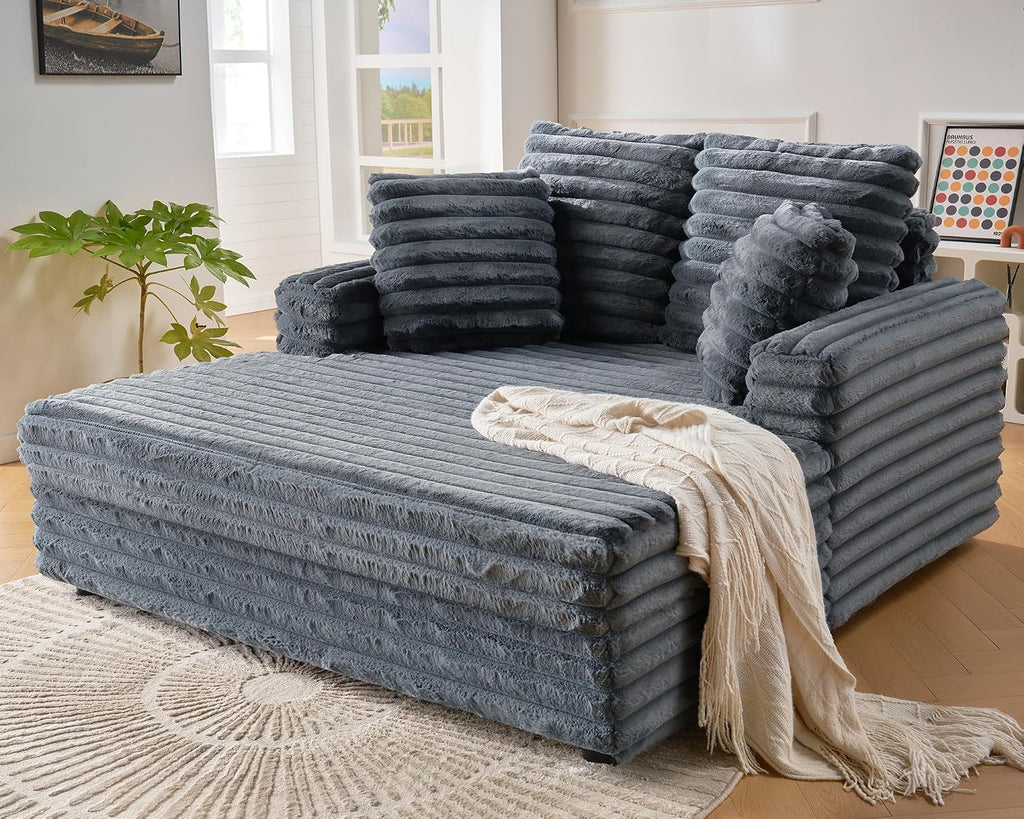 VanAcc 58-Inch Plush Chaise Lounge, Complete with Cozy Throw Pillows, Upholstered Sofa Bed with Armrests, Faux Fur Chair Bed for Living Room, Dark Grey