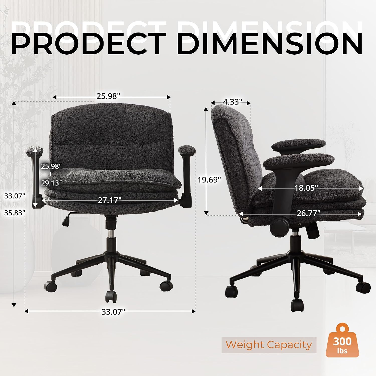 Dowinx Criss Cross Chair with Adjustable Flip-up Arms and Wheels, Comfort Ergonomic Office Desk Armchair with 3 Layer Cushions, Wide Seat Vanity Chair for Home Office, Living Room, Bedroom, Black
