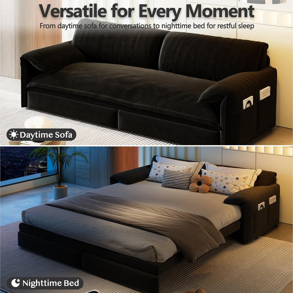63.8' Sofa Bed Queen Size, Pull Out Couch Bed, 3-in-1 Convertible Sleeper Sofa with Side Pocket, Modern Velvet Futon Couch for Living Room, Small Space, Apartment, Bedroom, Black