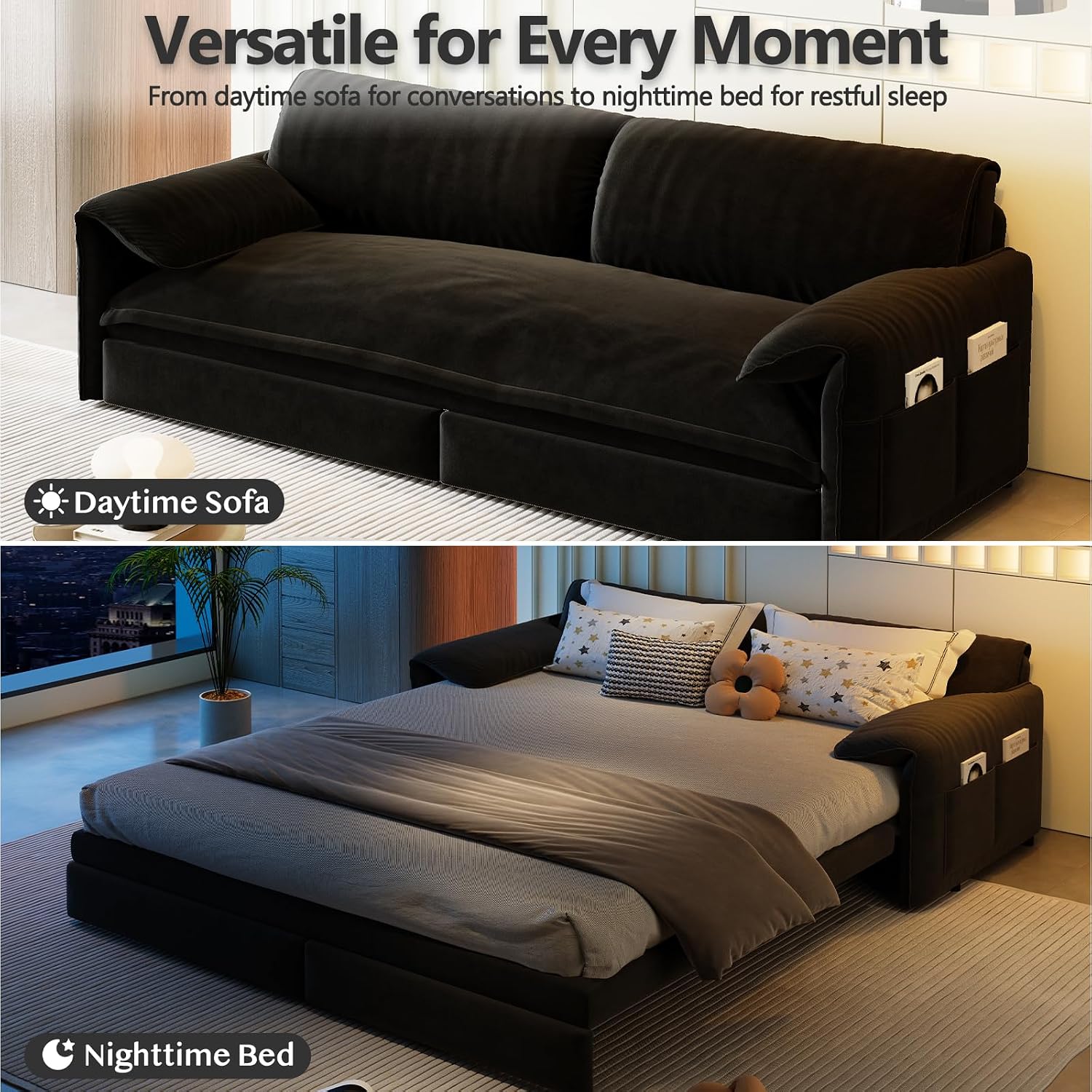 63.8' Sofa Bed Queen Size, Pull Out Couch Bed, 3-in-1 Convertible Sleeper Sofa with Side Pocket, Modern Velvet Futon Couch for Living Room, Small Space, Apartment, Bedroom, Black