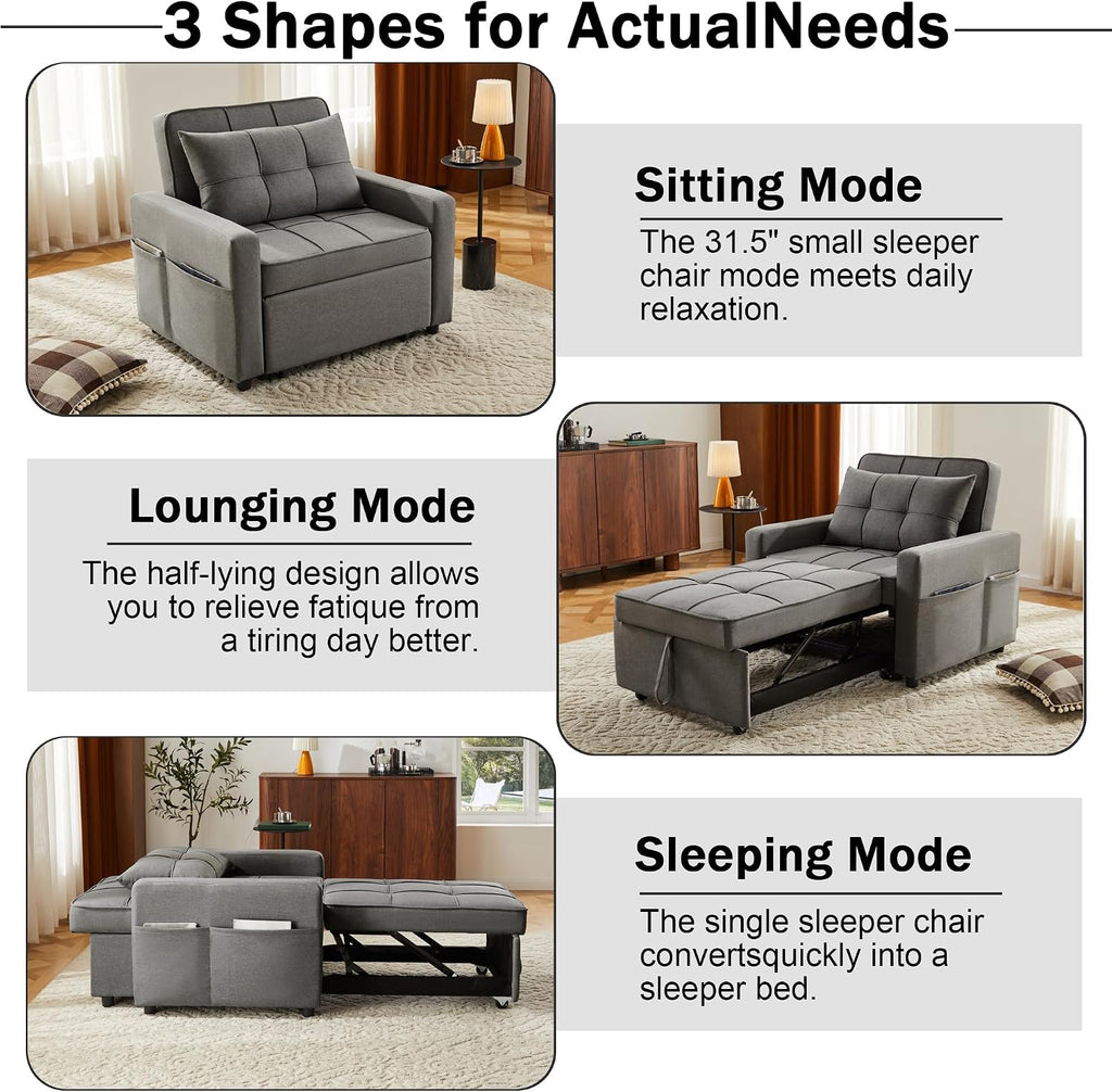 Yosonch Sofa Bed Chair Convertible ，Sleeper Sofa with Pull-Out Bed ，3-in-1 Futon Couch with Reclining Backrest and Side Pocket (Dark Grey, 35.6')
