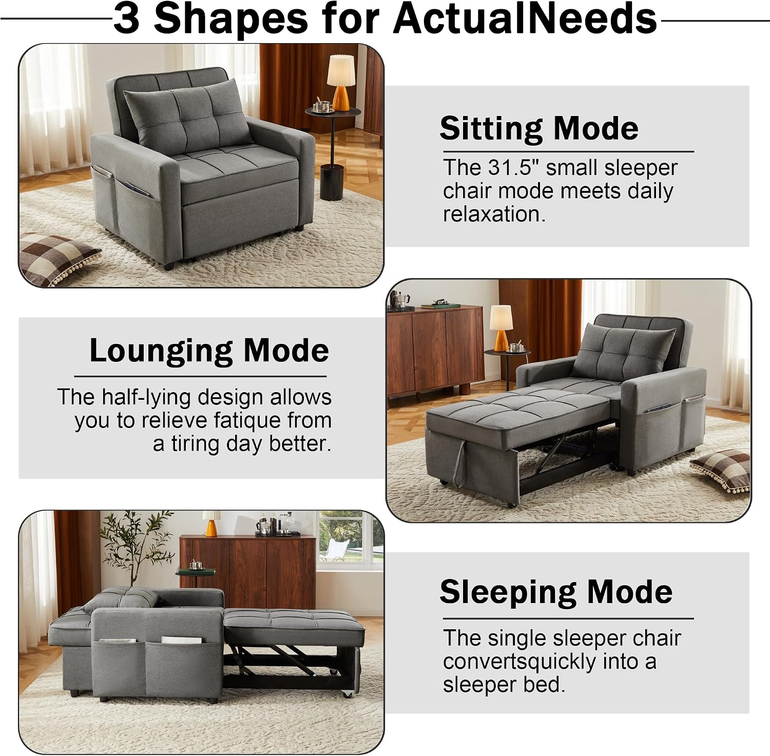 Yosonch Sofa Bed Chair Convertible ，Sleeper Sofa with Pull-Out Bed ，3-in-1 Futon Couch with Reclining Backrest and Side Pocket (Dark Grey, 35.6')