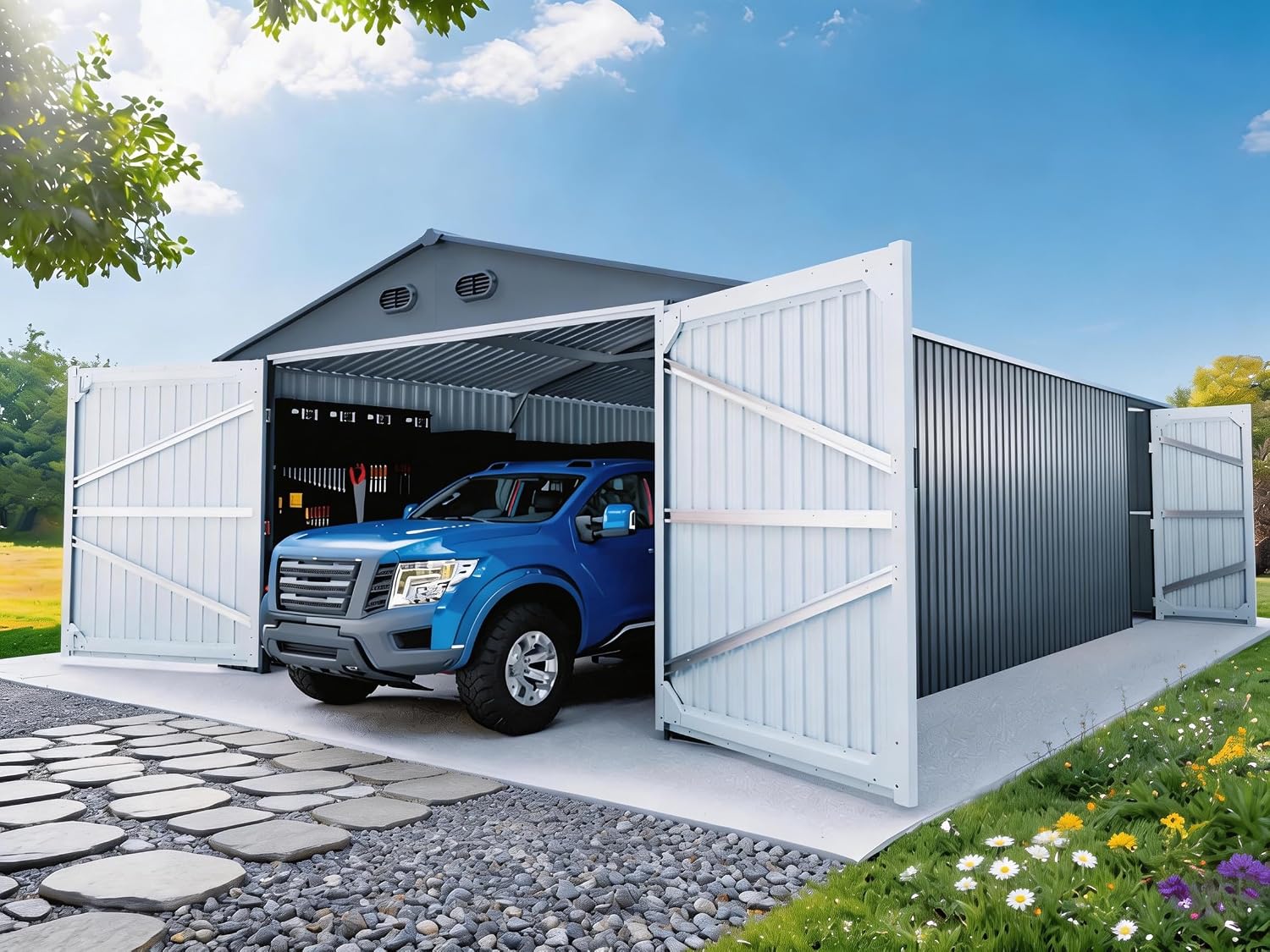 10x20 FT Outdoor Storage Shed, Metal Garage Shed with 2 Lockable Doors, Large Metal Building with 4 Air Vents, Galvanized Steel Prefab Garage Sheds for Car, Truck, Tool, Dark Gray