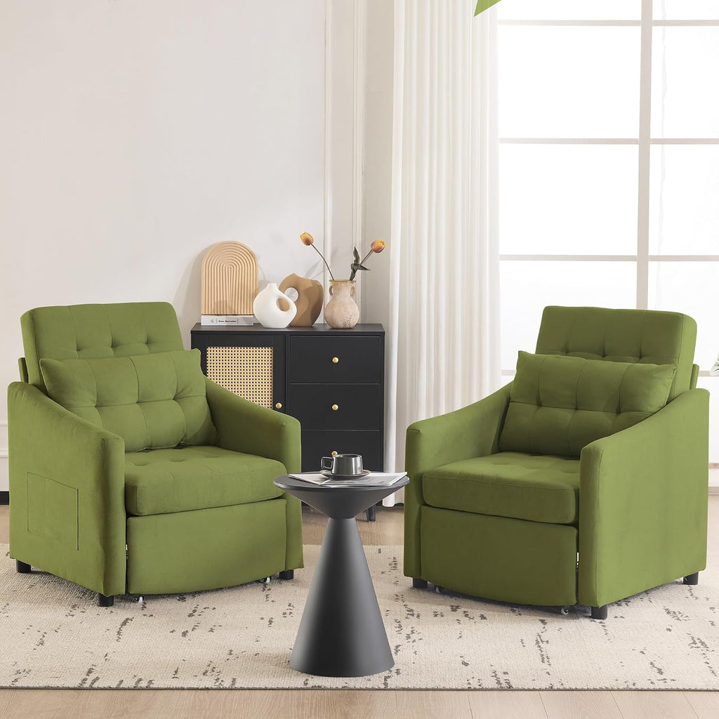 Bezseller Sleeper Sofa Chair Bed, 3-in-1 Convertible Sleeper Chair with Storage Drawer, Pull Out Couch with Side Pocket, Pillow, and Adjustable Backrest, for Living Room Bedroom Apartment, Green