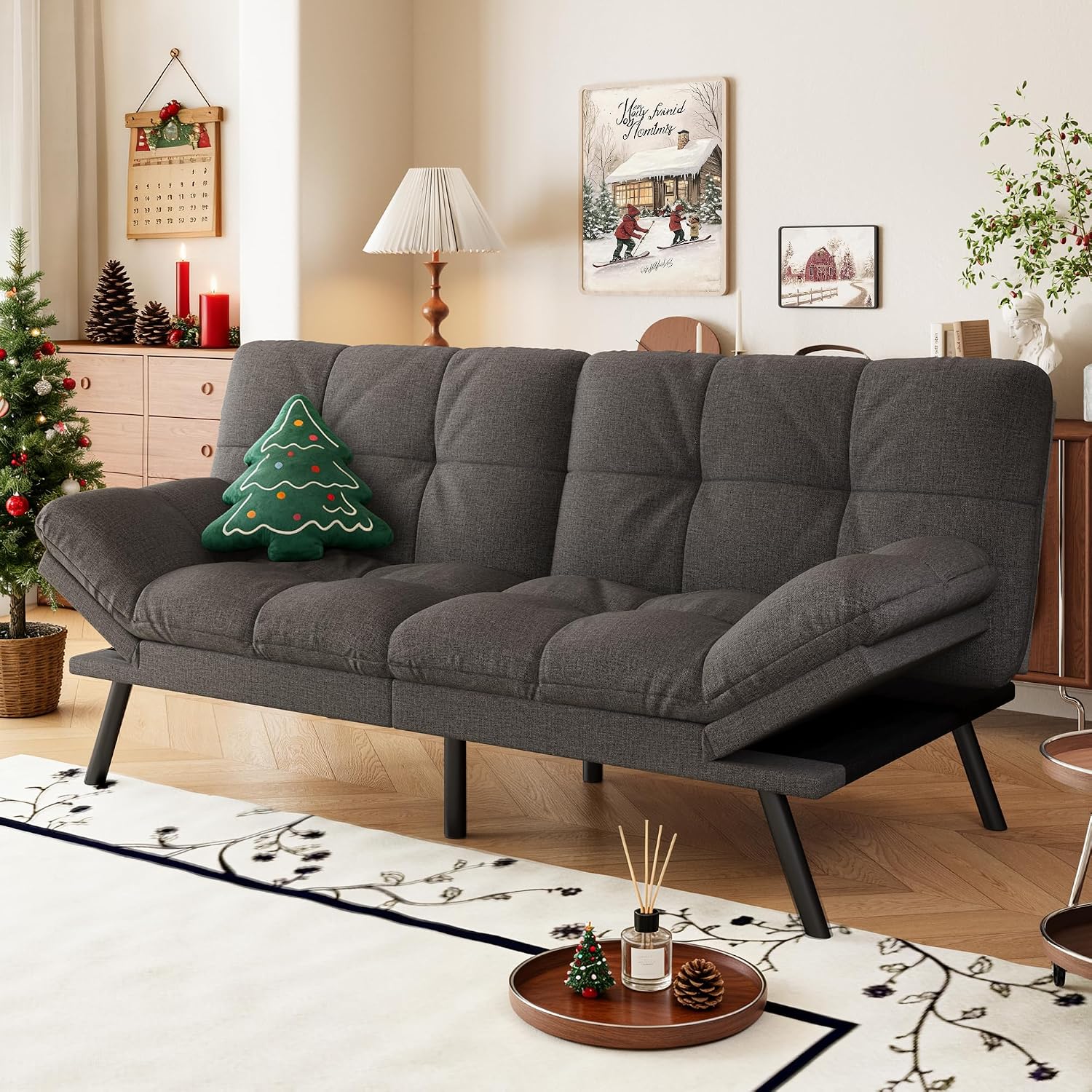 Convertible Futon Sofa Bed,71' Memory Foam Futon Couch,Detachable Cushion,Adjustable Backrest & Armrest,Linen Modern Loveseat Sleeper Recliner for Living Room,Office,Apartment,Classic Grey