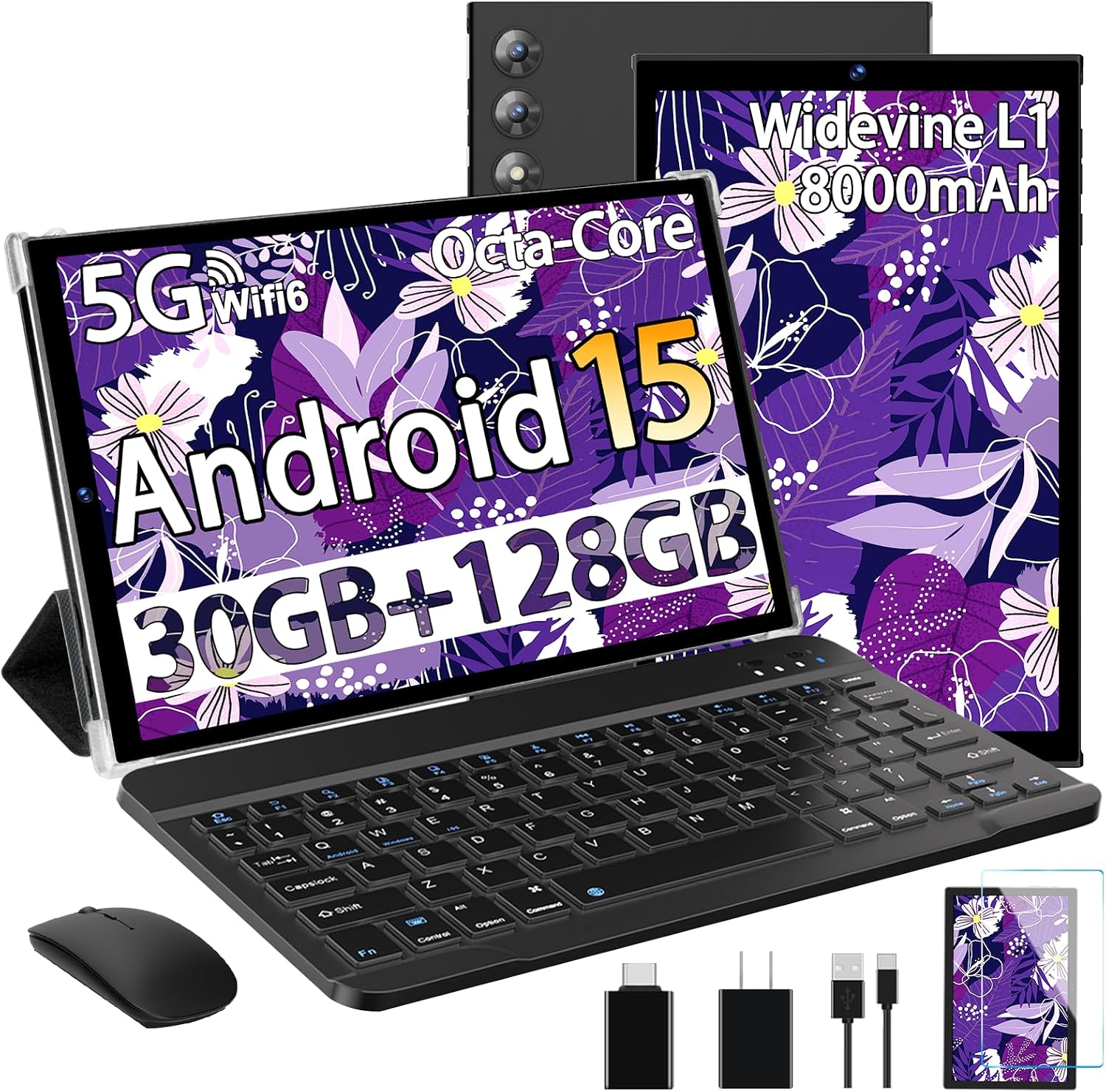 2026 Android 15 Tablet 10.1 Inch Tablets, 30GB RAM 128GB ROM 1TB Expand, 8000mAh Battery, BT5.0, 2.4/5G Wi-Fi 6, Metal Body with Keyboard & Mouse, Gemini AI, Widevine L1 HD IPS Display - Black